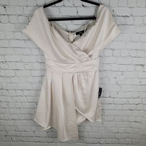 LULU'S | “Always Celebrating” satin off-the-shoulder asymmetrical mini dress